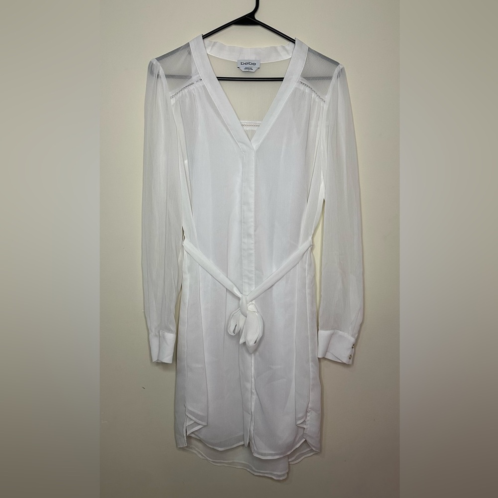 Bebe Sheer Belted Long Sleeve V-Neck Mini Dress in White Size 6 Buttoned Cuffs